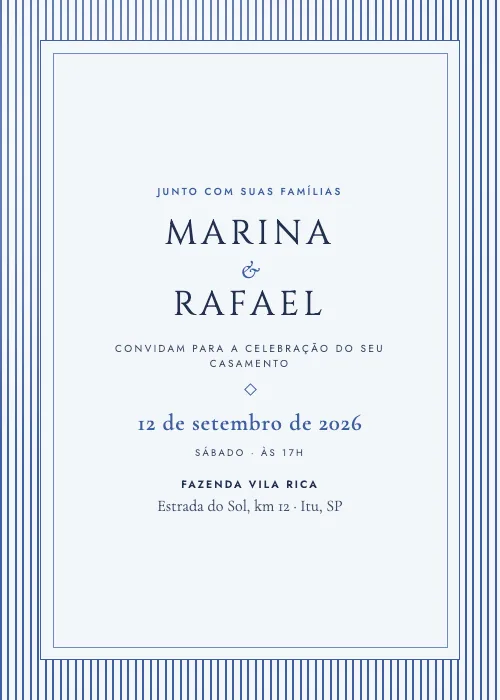 Convite de casamento Riscas Finas Azul Porcelana, estilo clássico