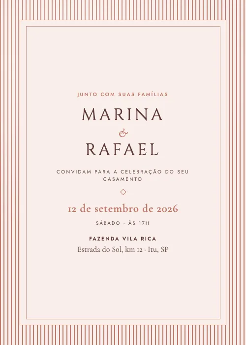 Convite de casamento Riscas Finas Rosé Gold, estilo clássico