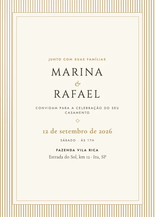 Convite de casamento Riscas Finas Champagne, estilo clássico