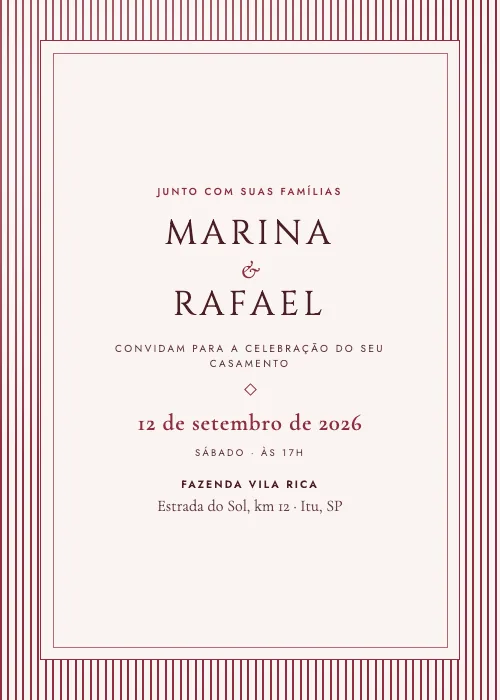 Convite de casamento Riscas Finas Marsala, estilo clássico