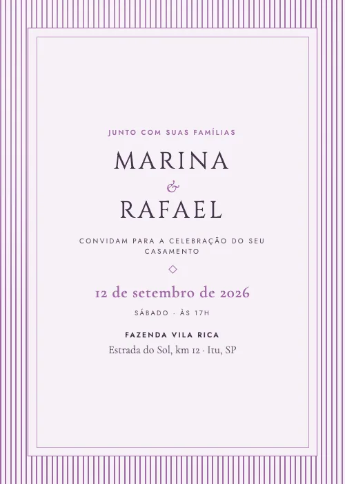 Convite de casamento Riscas Finas Lilás, estilo clássico