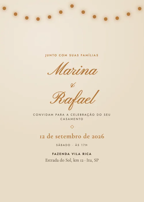 Convite de casamento Varal de Luzes Kraft, estilo romântico