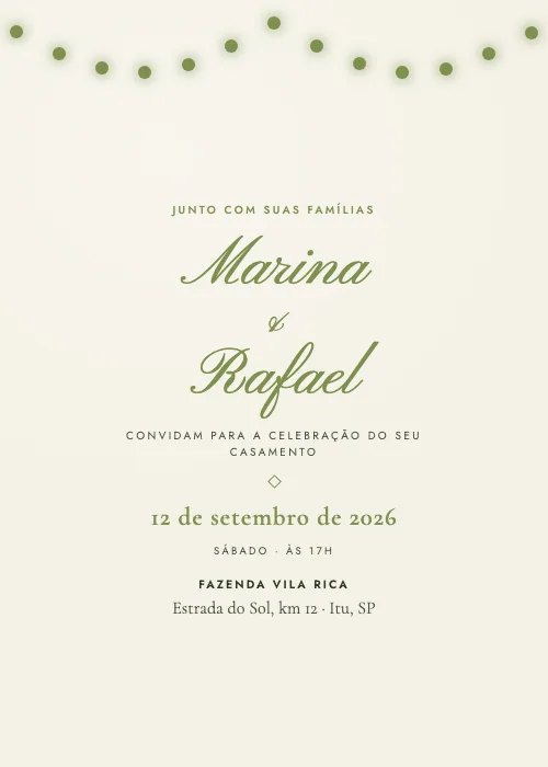 Convite de casamento Varal de Luzes Campo, estilo romântico