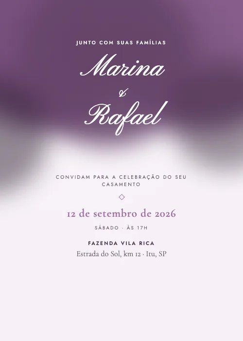 Convite de casamento Aquarela Intensa Lilás, estilo romântico